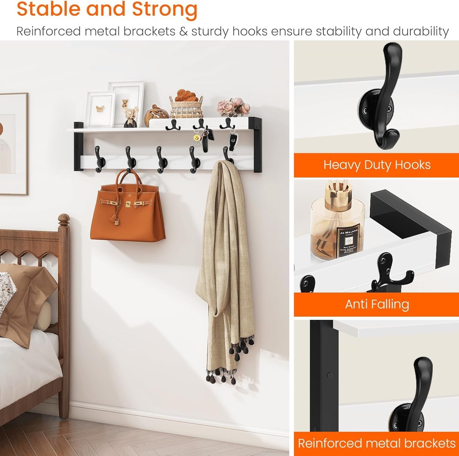 White Wall Coat Rack 29" Wood Shelf with Hooks & Key Holder Entryway Organizer