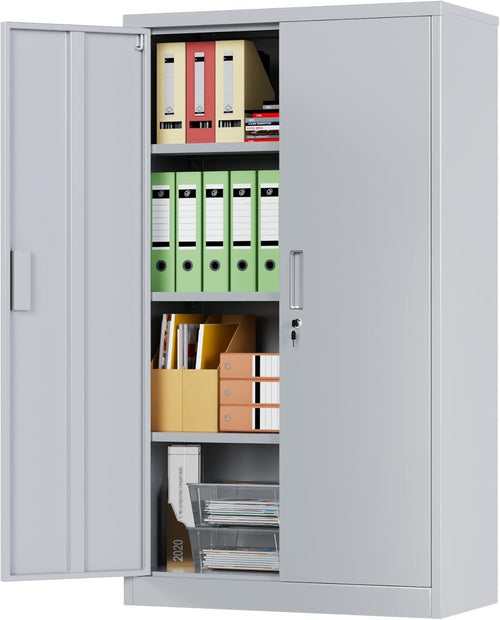 Lockable Metal Storage Cabinet 2 Doors 3 Adjustable Shelves 140x80x40cm