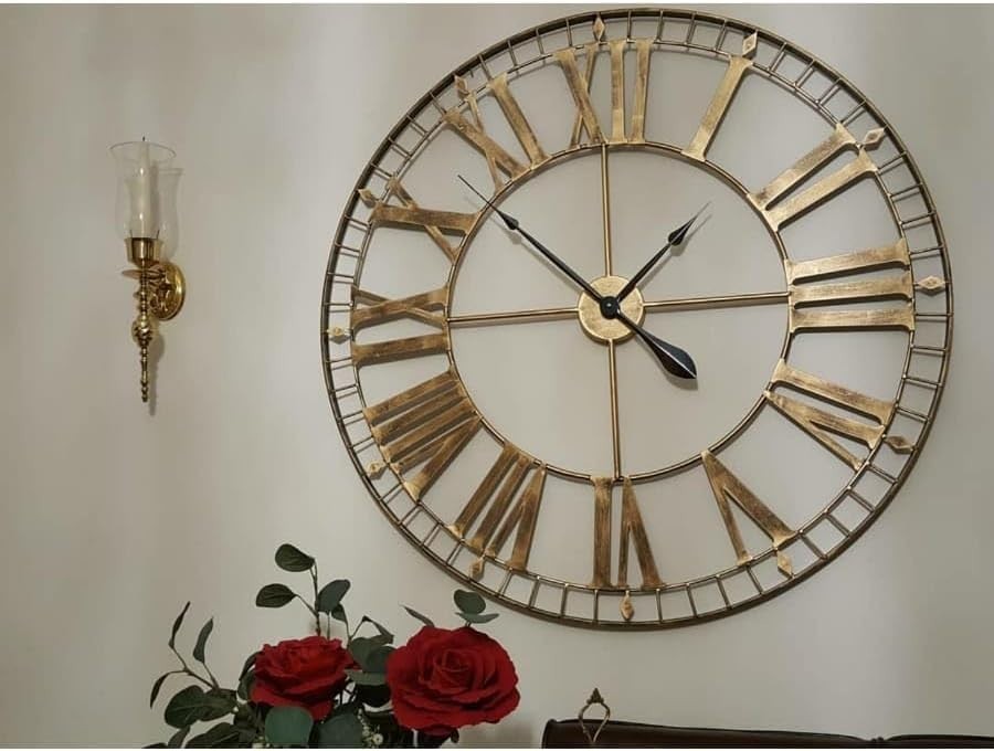 88cm Rustic Gold Skeleton Wall Clock Large Roman Numerals Living Room