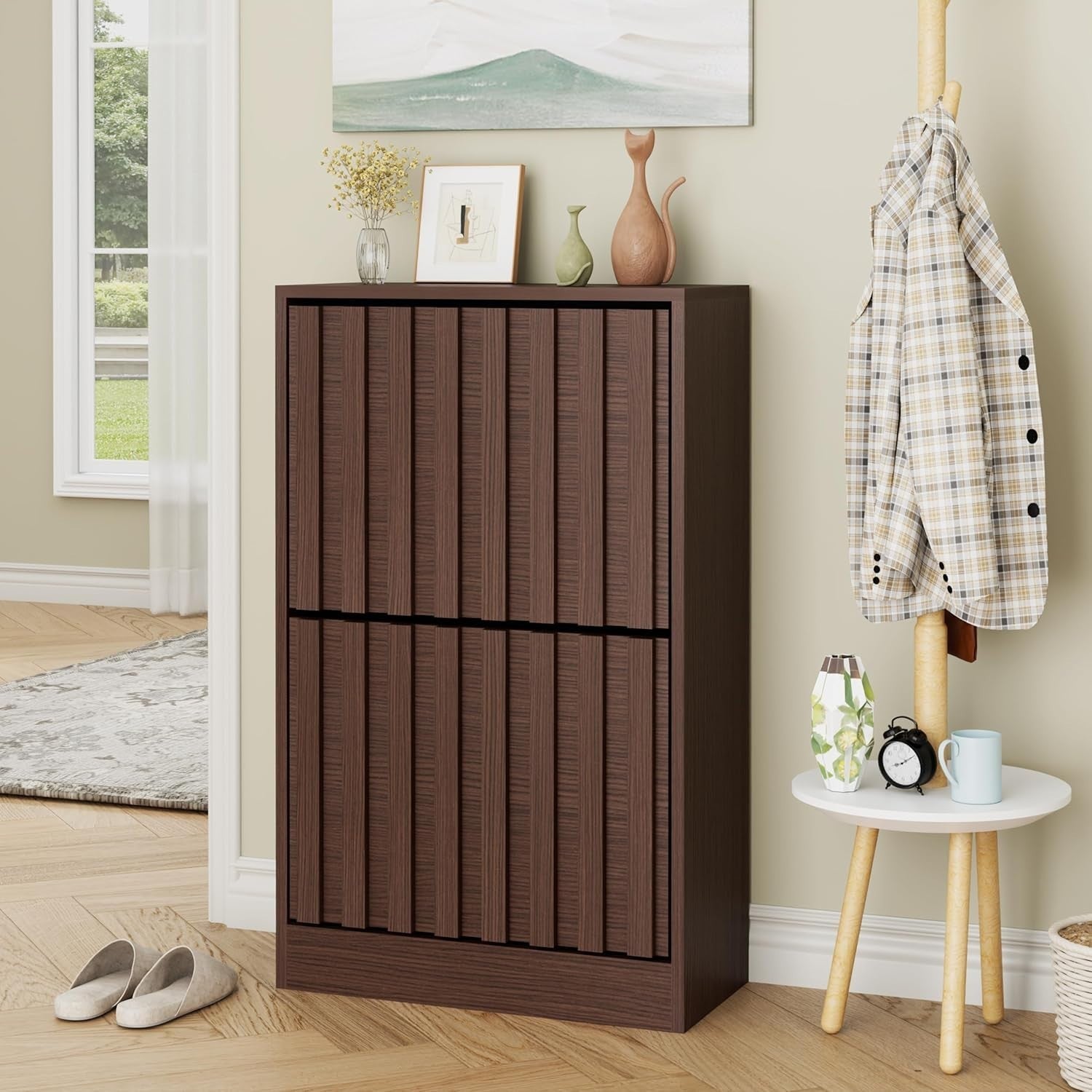 Slim Wooden Shoe Storage Cabinet 2 Flip Drawers Ventilated Modern Unit Walnut
