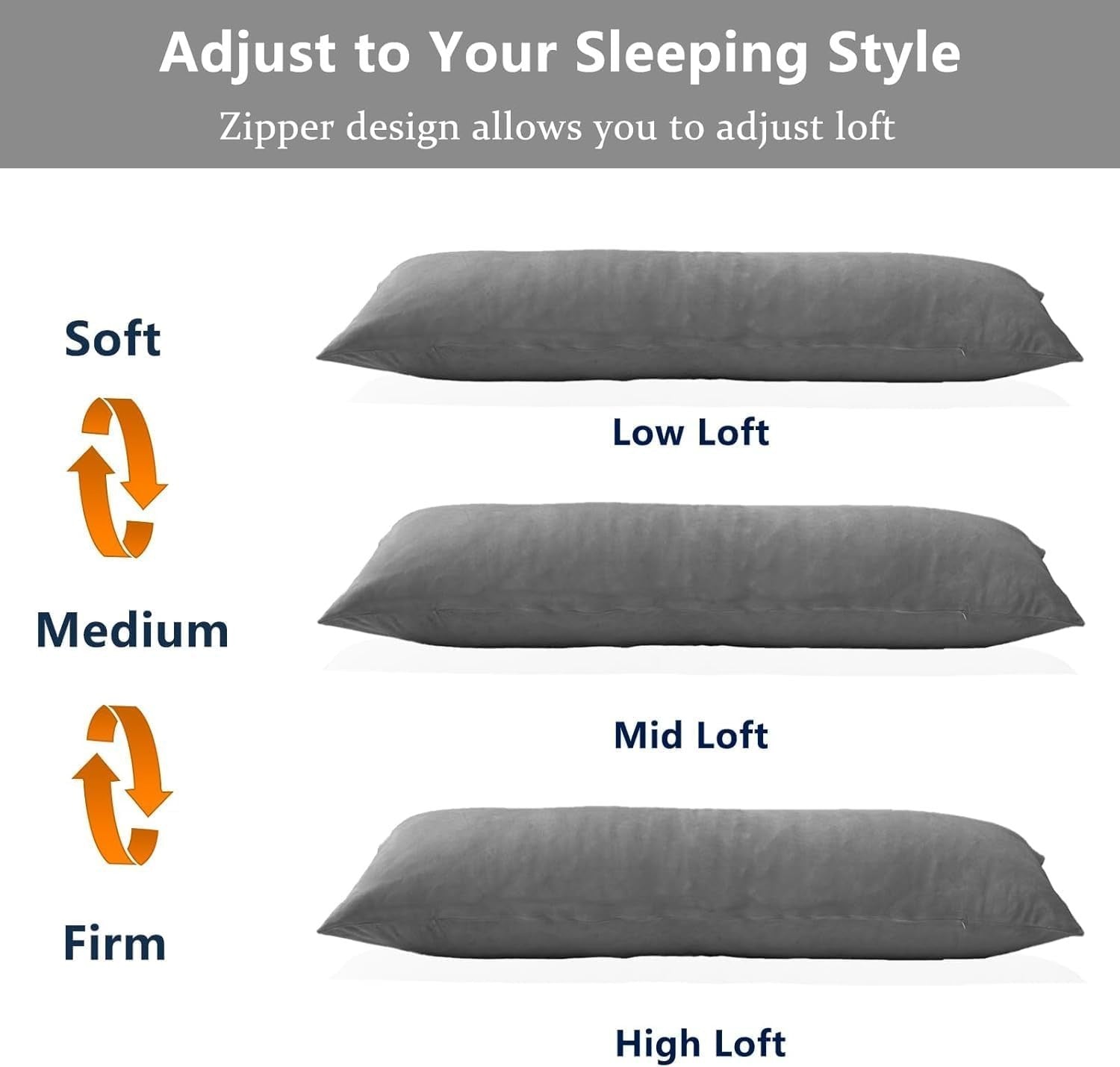 Memory Foam Body Pillow 20x60 Firm Support for Side Sleepers Grey