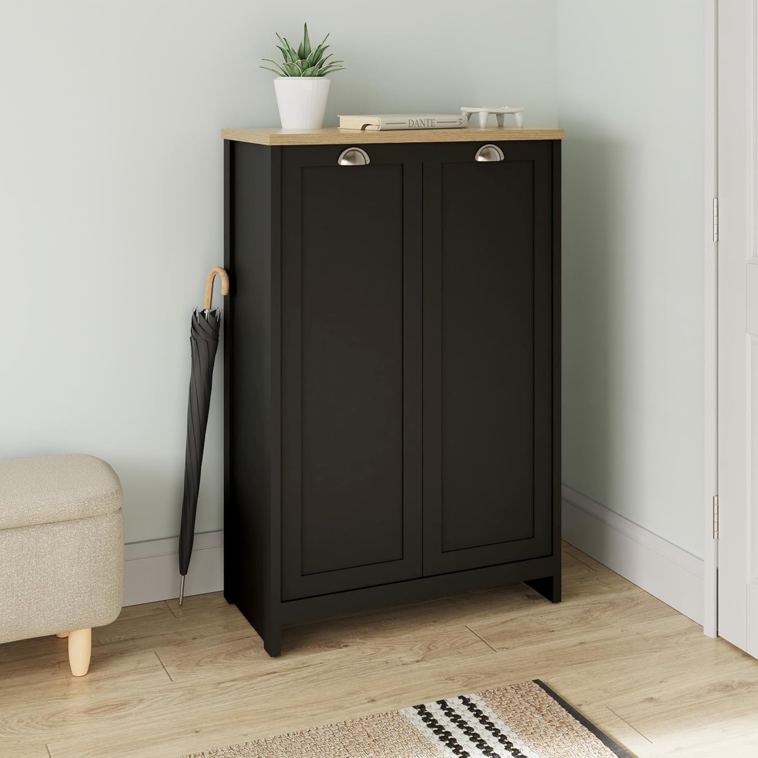 Slim Black Shoe Cabinet Storage with 2 Doors, Adjustable Shelves, Hallway