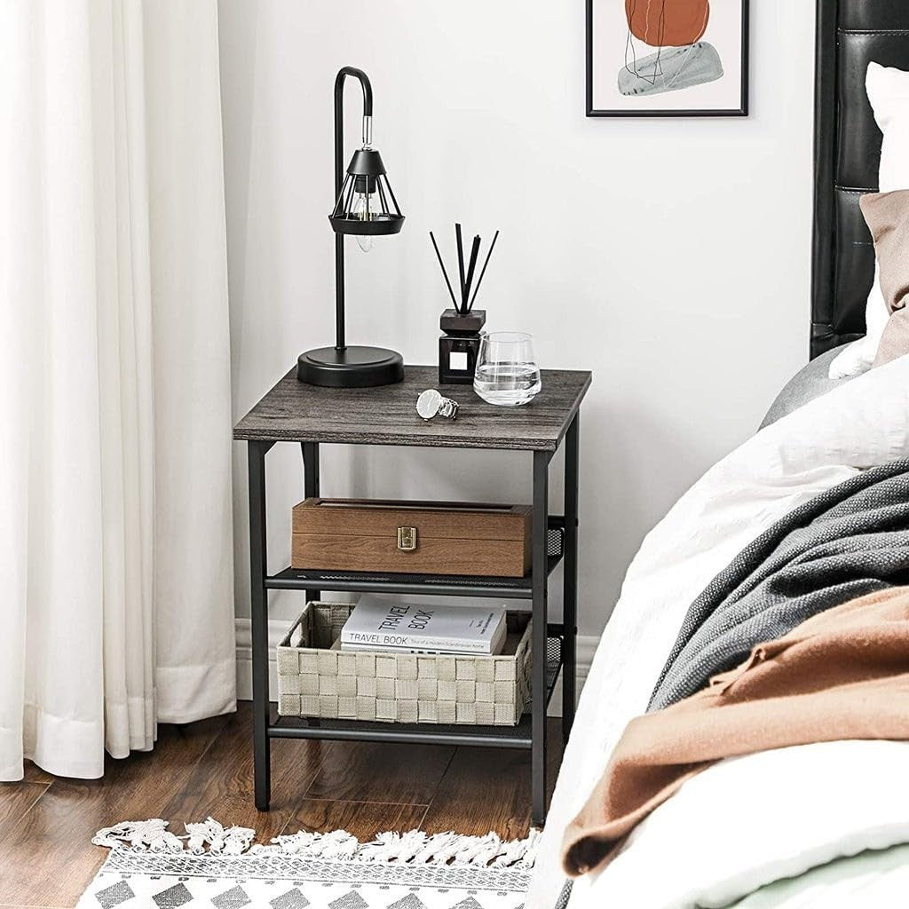 Set of 2 Industrial Bedside Tables with Adjustable Mesh Shelves, Charcoal Grey