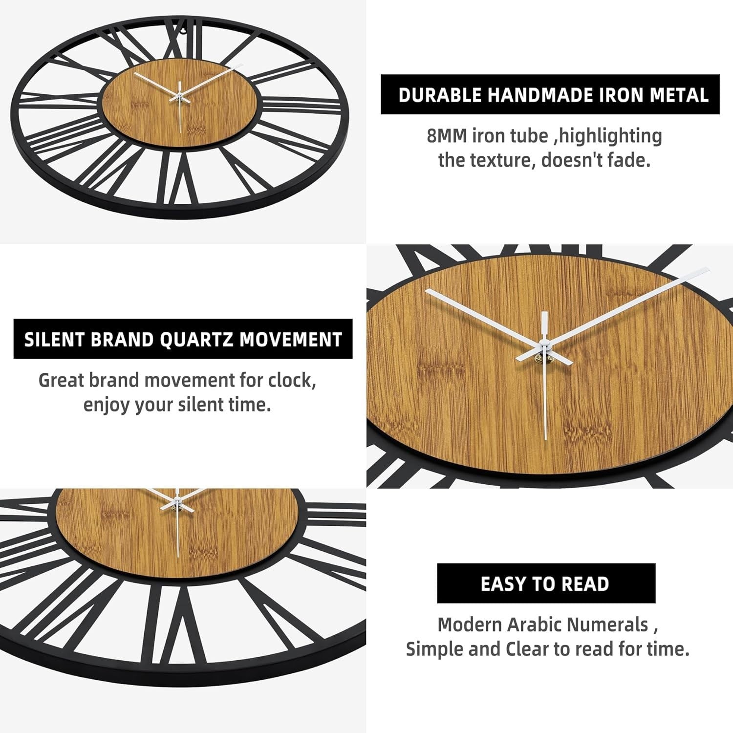 80cm Extra Large Wall Clock Silent Black Roman Wood Modern Farmhouse Decor