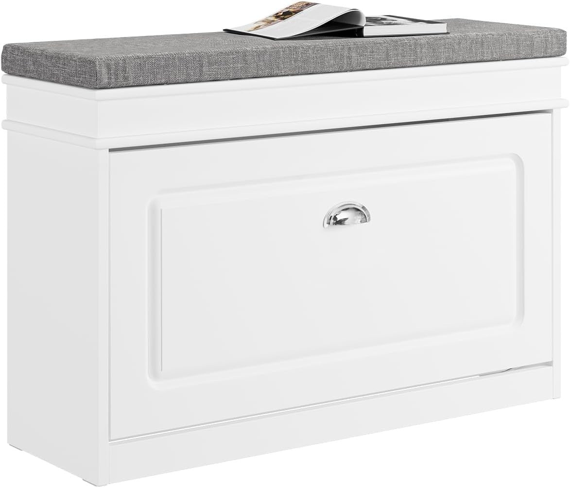Compact White Shoe Storage Bench with Flip Drawer & Cushion, 150kg Load