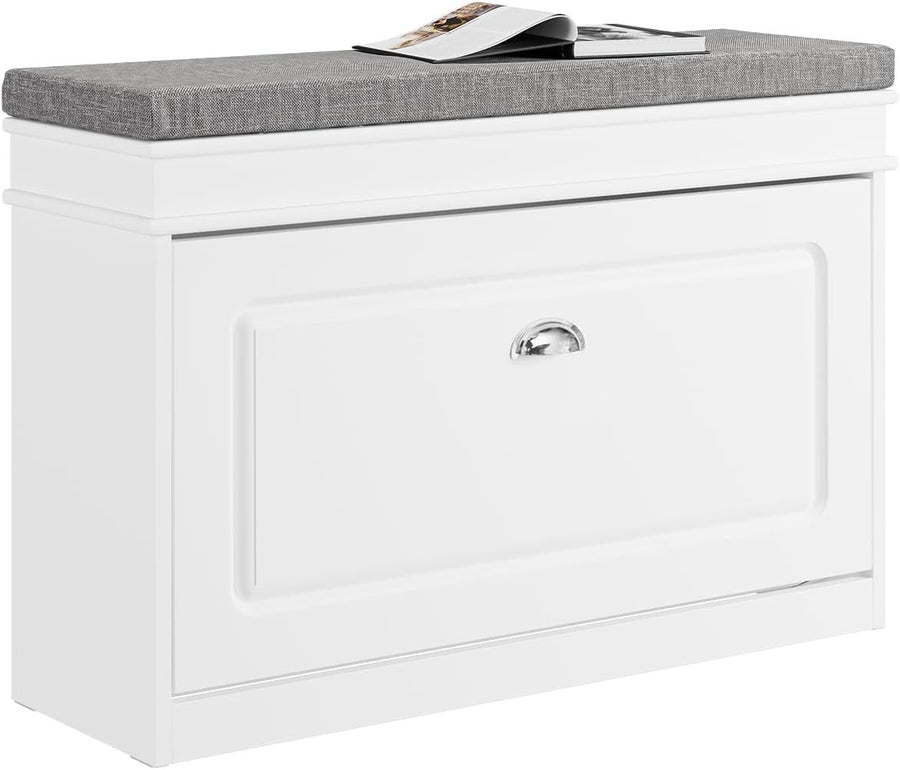 Compact White Shoe Storage Bench with Flip Drawer & Cushion, 150kg Load