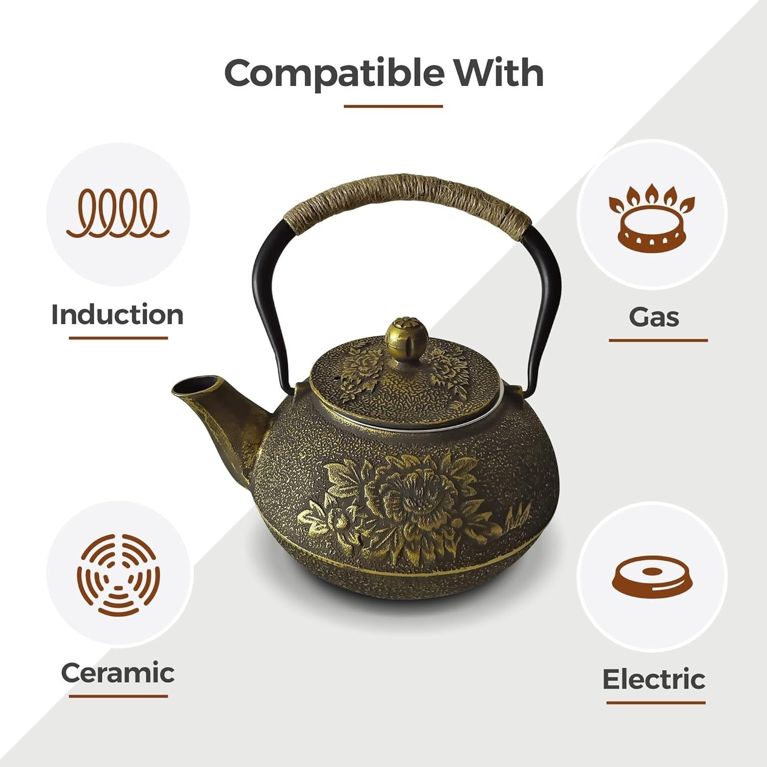 Cast Iron Teapot 1200ml Chinese Tetsubin Tea Pot w Infuser Black Gold