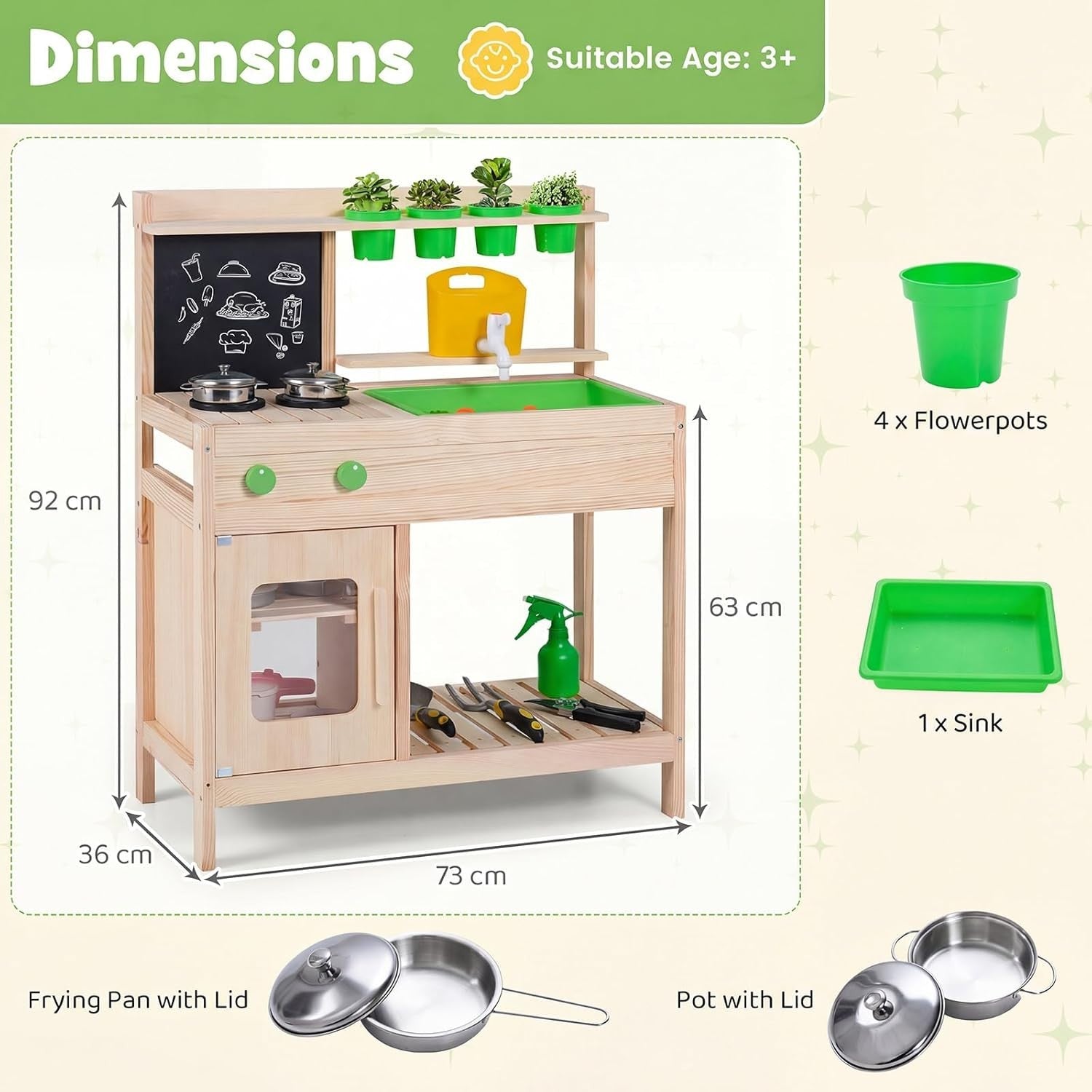 Outdoor Wooden Mud Kitchen Kids Playset Chalkboard Sink Flowerpots
