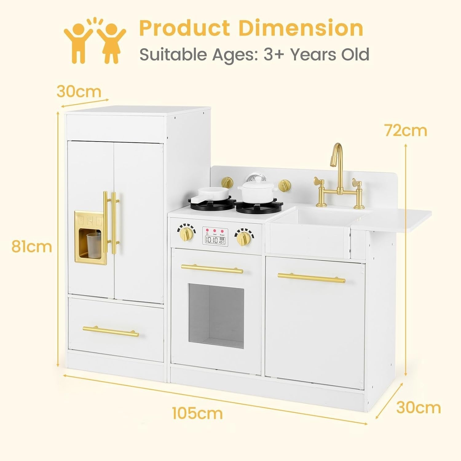 Wooden Kids Play Kitchen White w/ Fridge Ice Maker Accessories