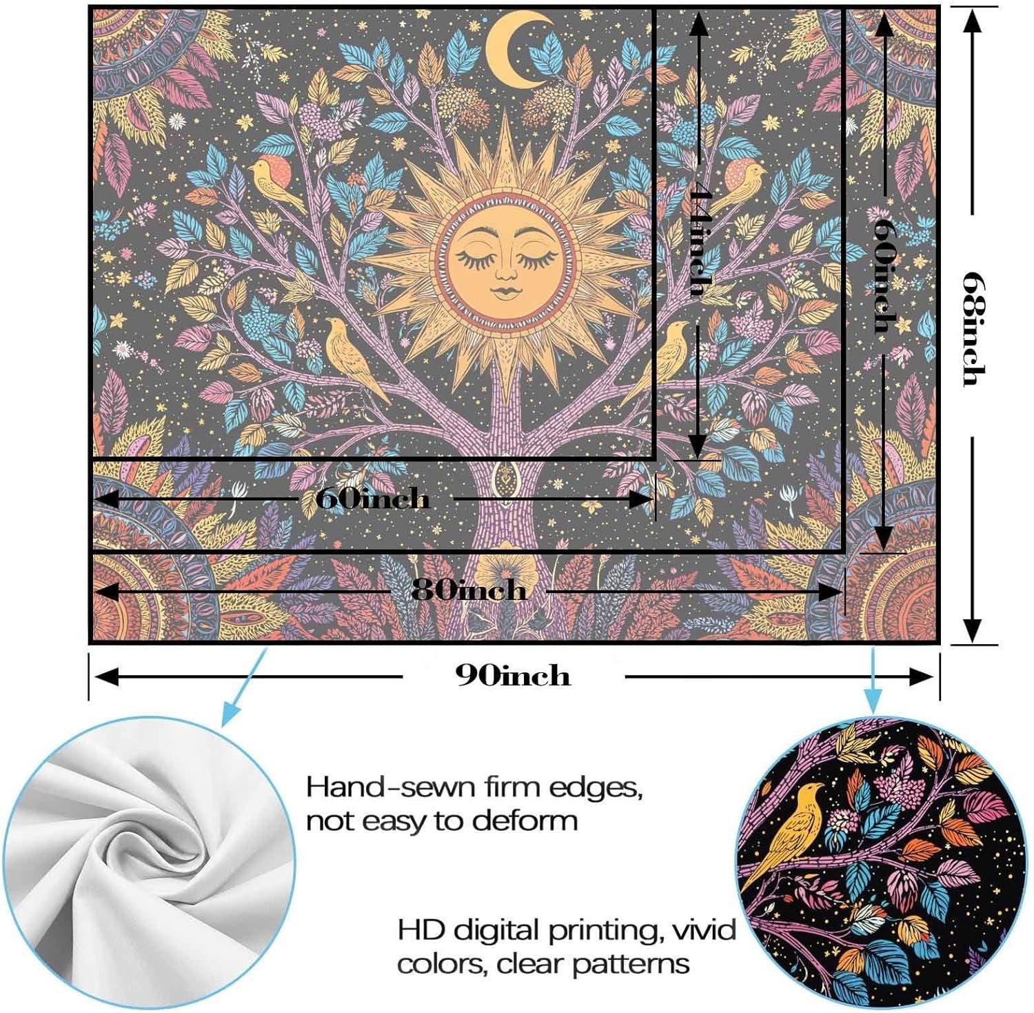 Tree of Life Sun Face & Birds Tapestry Boho Wall Decor 44x60