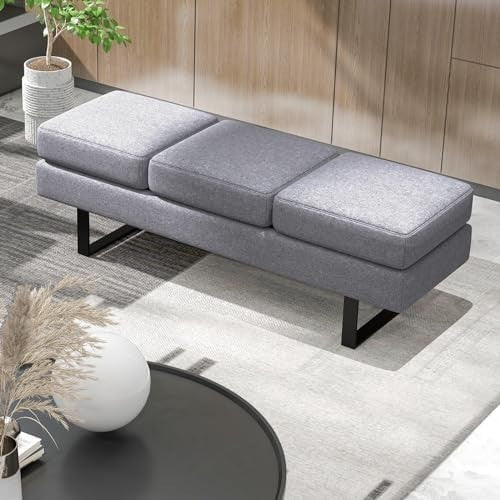 Modern 3 Seater Upholstered Bench Grey Metal Frame Waiting Room Chair Office