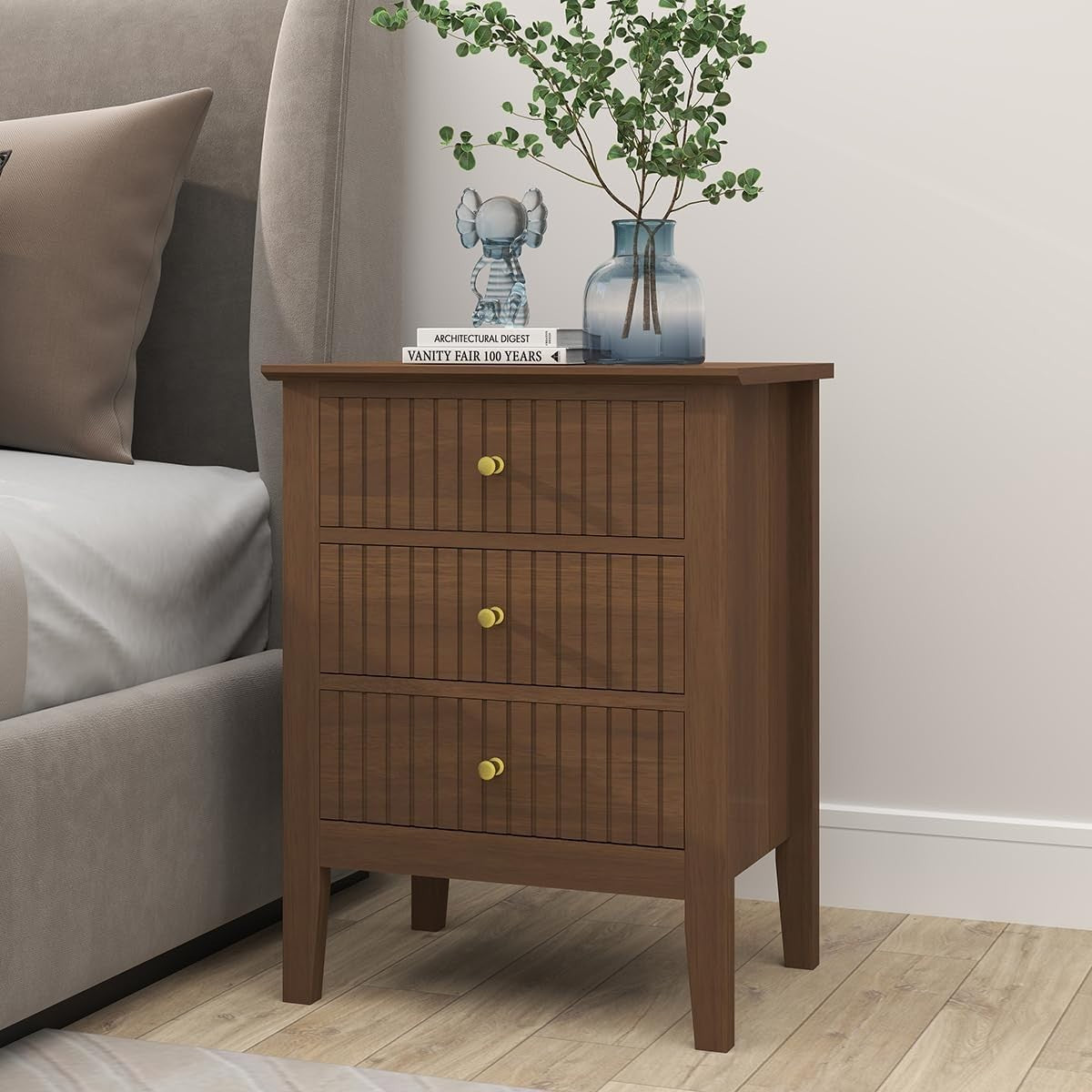Pair of 3 Drawer Dark Wood Bedside Tables – Modern Bedroom Storage Units