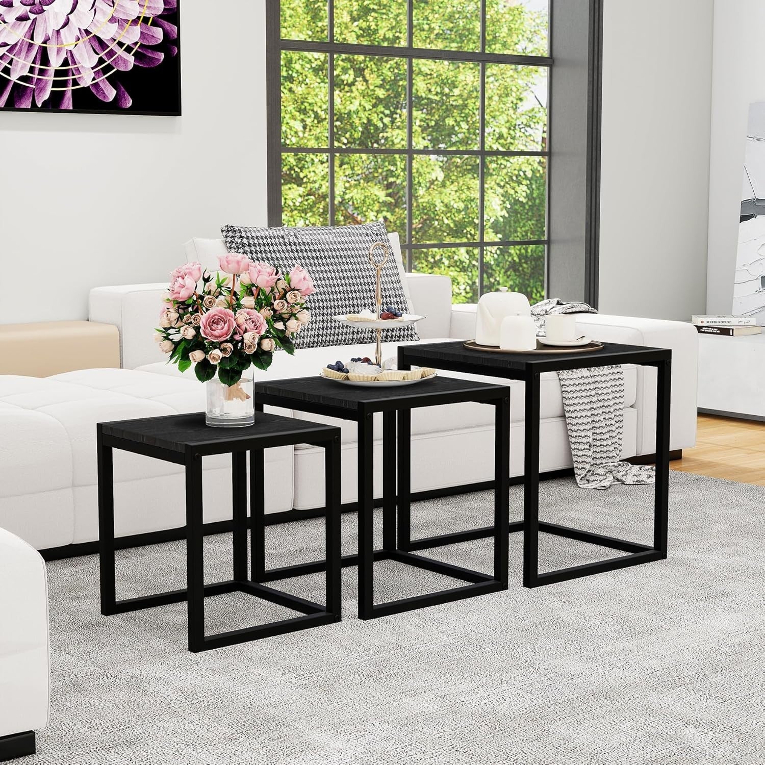 3pc Nesting End Side Tables Set Black Metal Legs Coffee Accent Stackable