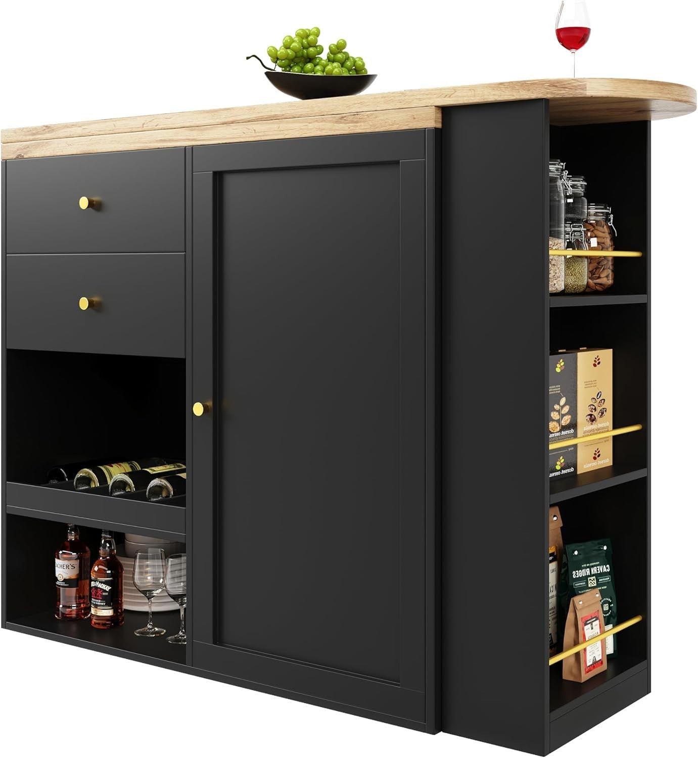 360° Swivel Bar Table with Shelves Drawers Sliding Door Black Modern Storage