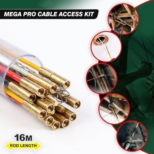 16M Cable Access Rod Kit 17pc Electrical Fish Tape Rods Attachments Tools Set