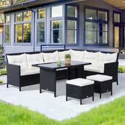 8 Seater Rattan Garden Sofa Set Outdoor Corner Dining Table Footstools Black