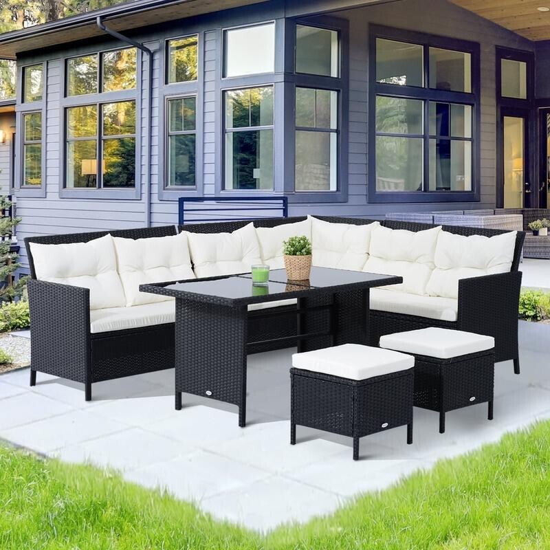 8 Seater Rattan Garden Sofa Set Outdoor Corner Dining Table Footstools Black