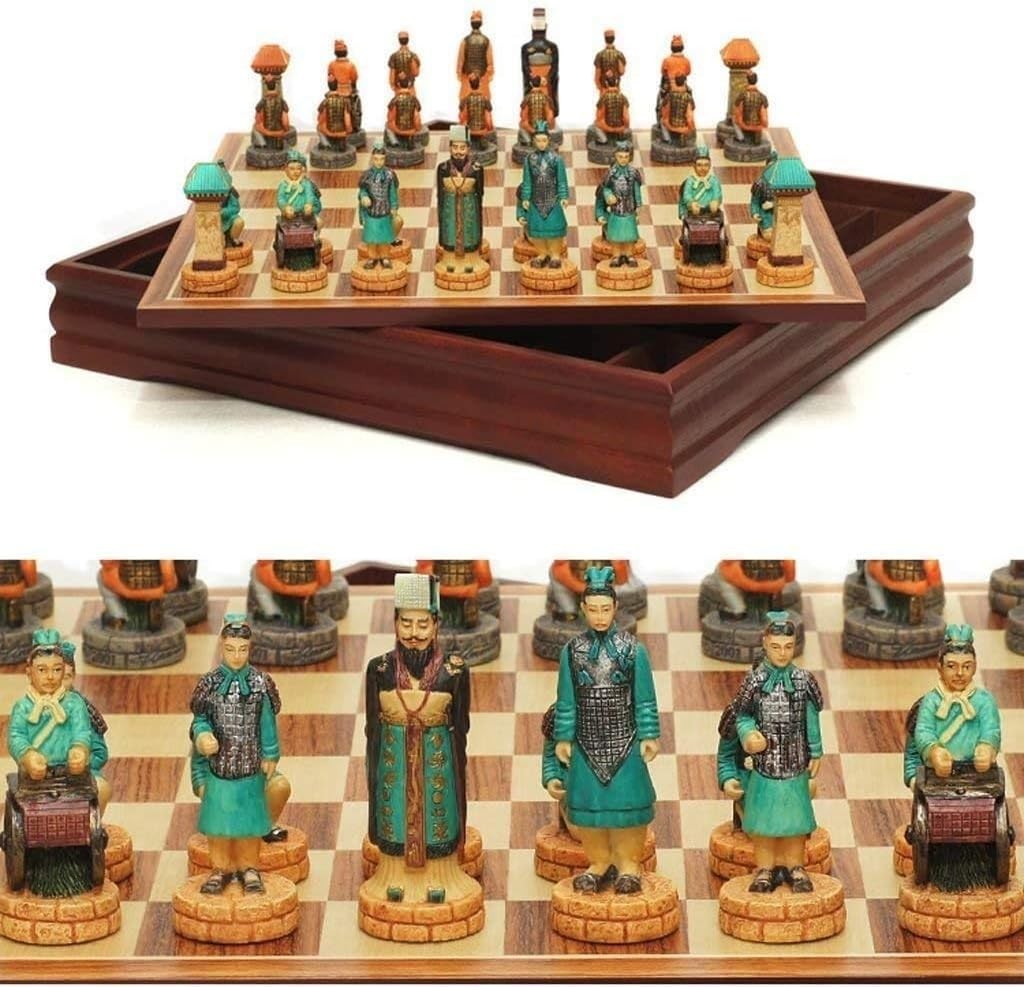 Chinese Xiangqi Marble Chess Set Antique Style Wooden Board