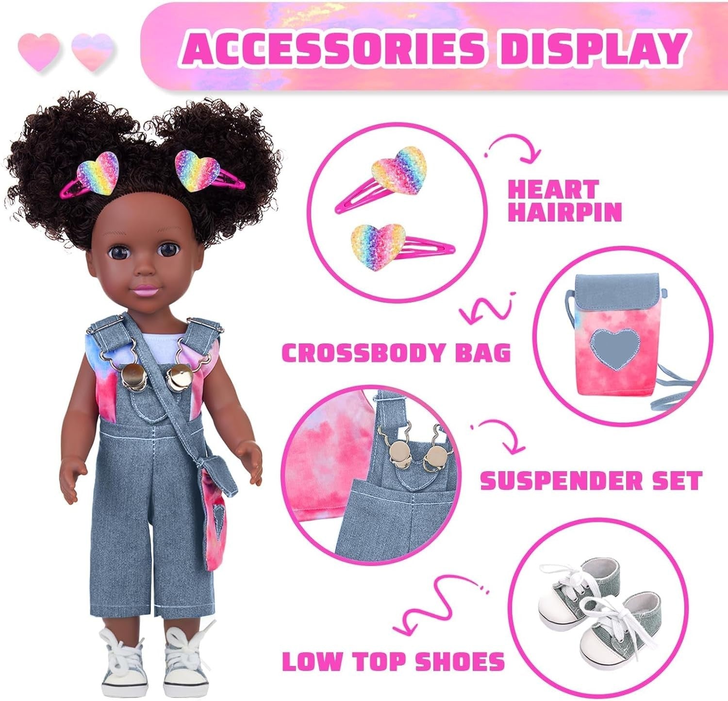 14.5” Black Baby Doll Silicone Girl Rainbow Outfit Accessories