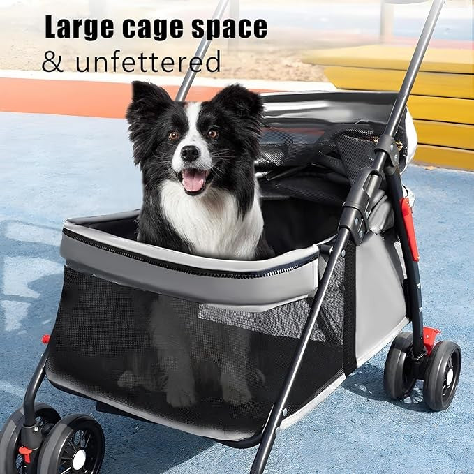 4 Wheel Dog Stroller Folding Pet Pram Travel Pushchair Cup Holder Grey