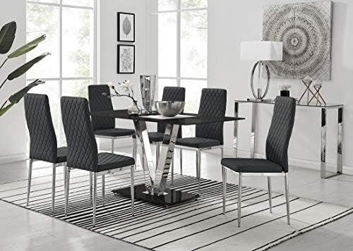 Modern Black Glass Dining Table Set with 6 Black Chairs 140x80x75cm