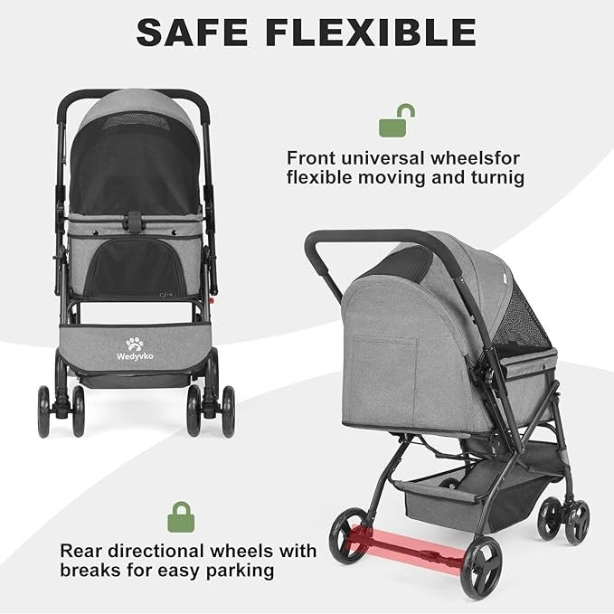 Dark Grey Pet Stroller Foldable Dog Cat Pram 33lb Capacity Travel Pushchair