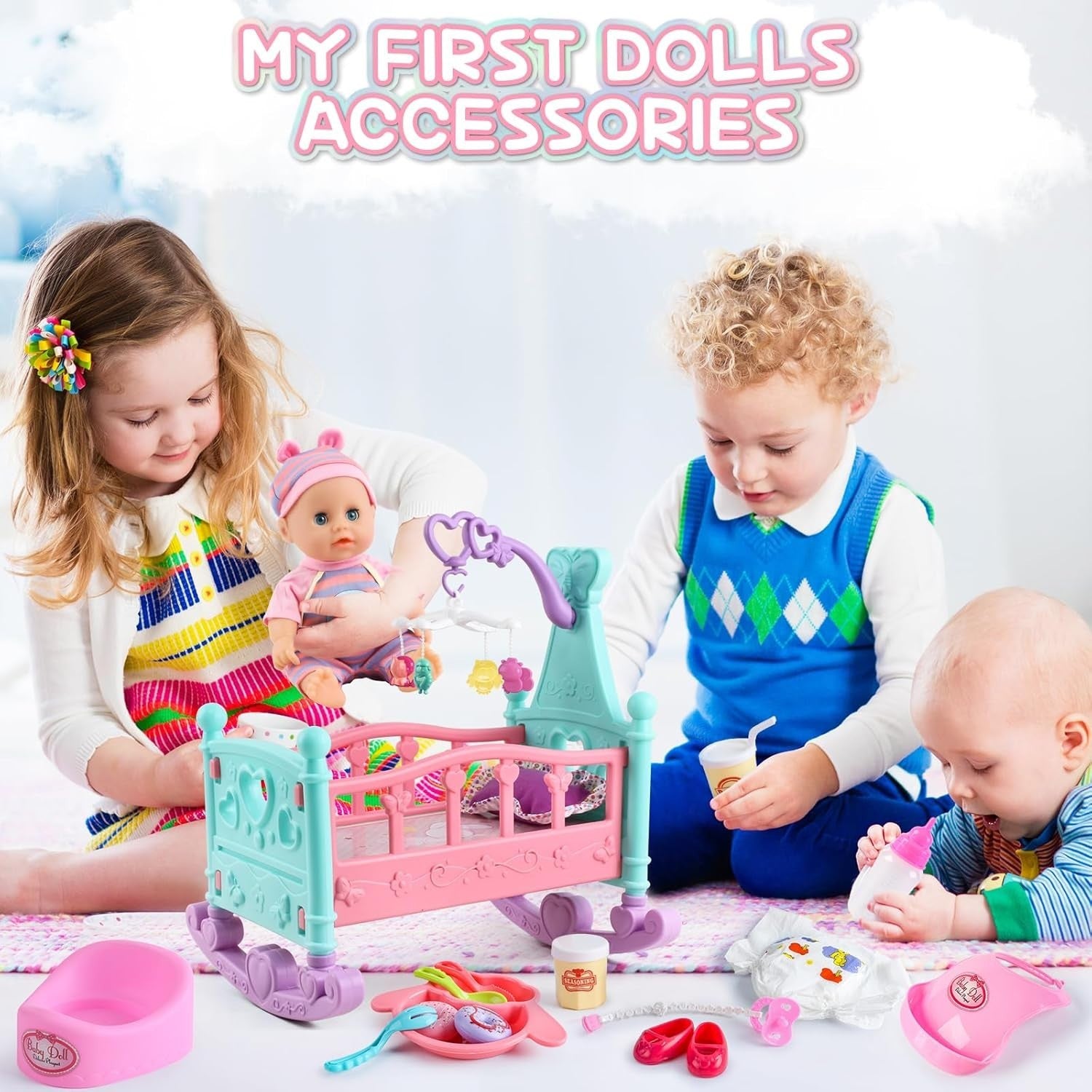 My First Baby Doll Playset w Crib High Chair Feeding Accessories