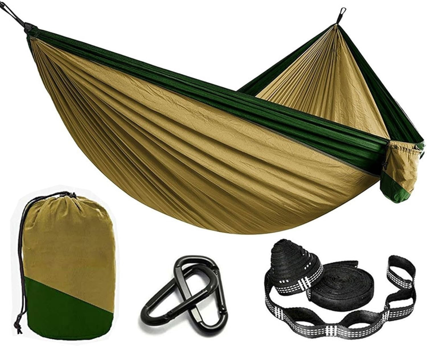 Outdoor Camping Hammock Ultra-Light 210T Nylon Swing with Straps Camel Green