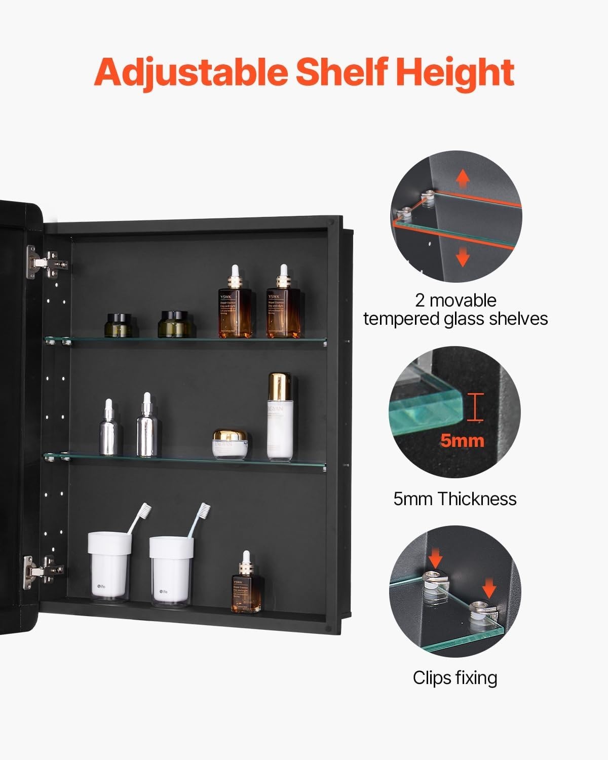 Bathroom Mirror Cabinet 61x76cm Wall Mounted 2-Layer Adjustable Shelves