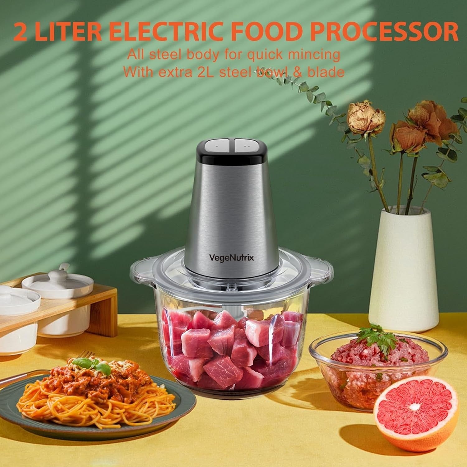 500W Food Processor Chopper Dual 2L Bowls Meat Grinder Blender