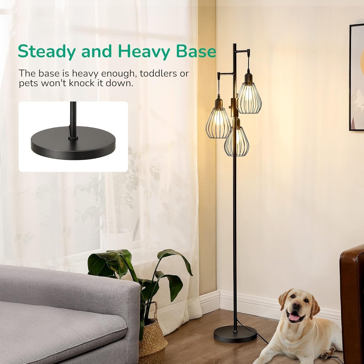 Industrial Floor Lamp with Wire Cage Shades, Dimmable, 3 LED Bulbs Included
