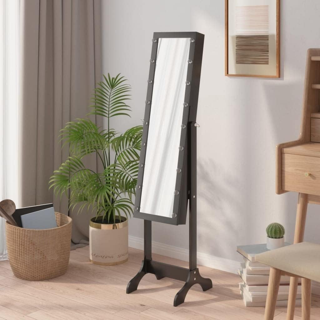 LED Standing Mirror Jewelry Cabinet Tilt Adjustable Storage Armoire Black