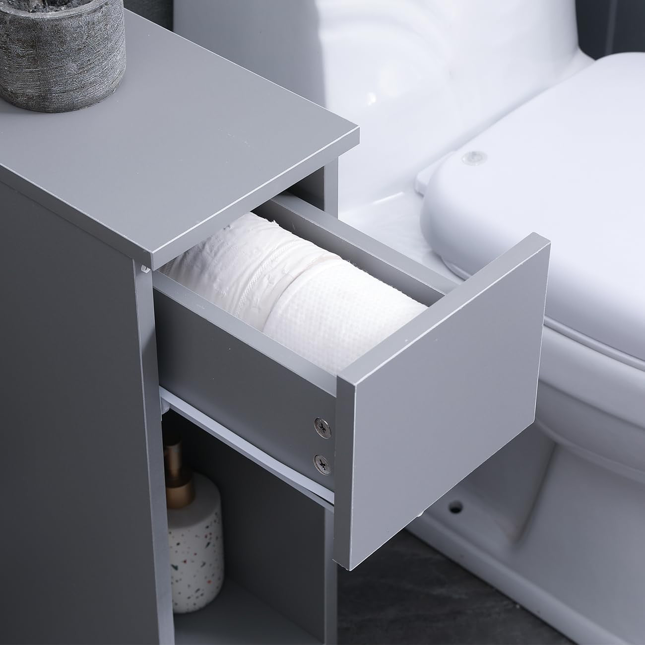 Slim Grey Bedside Table with Drawer & Shelf, Modern Narrow Nightstand Storage
