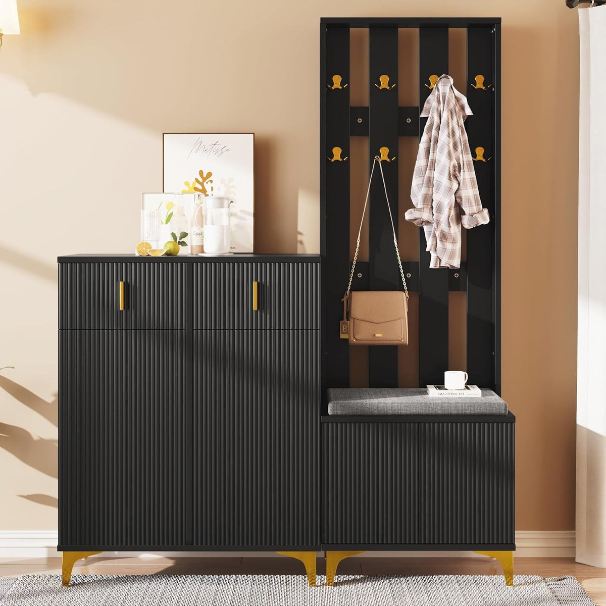 Modern Hallway Coat Rack & Shoe Storage Bench with Cushioned Seat – Black