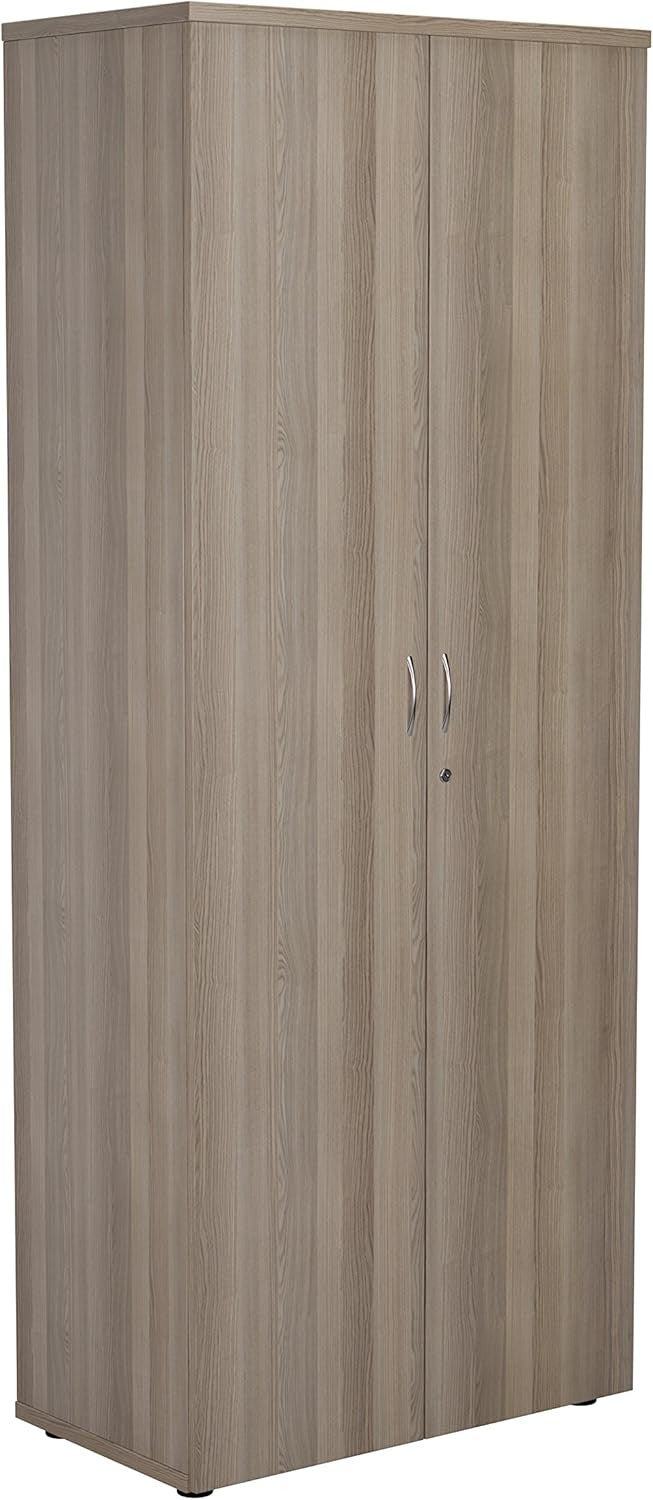 Tall Grey Oak Lockable Office Cupboard 4 Shelf Storage Cabinet 200cm