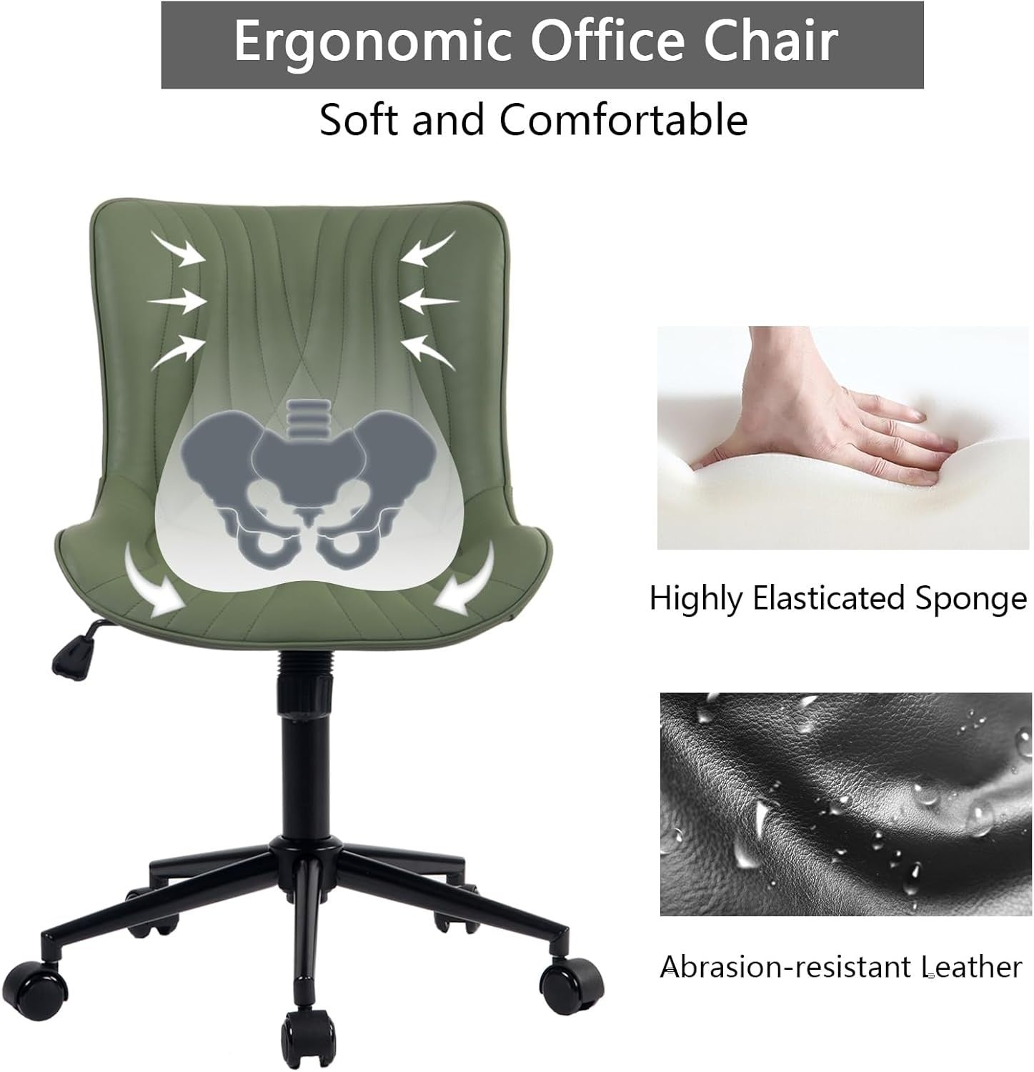 Ergonomic Office Chair Faux Leather Swivel Adjustable Height Desk Task Seat Gree