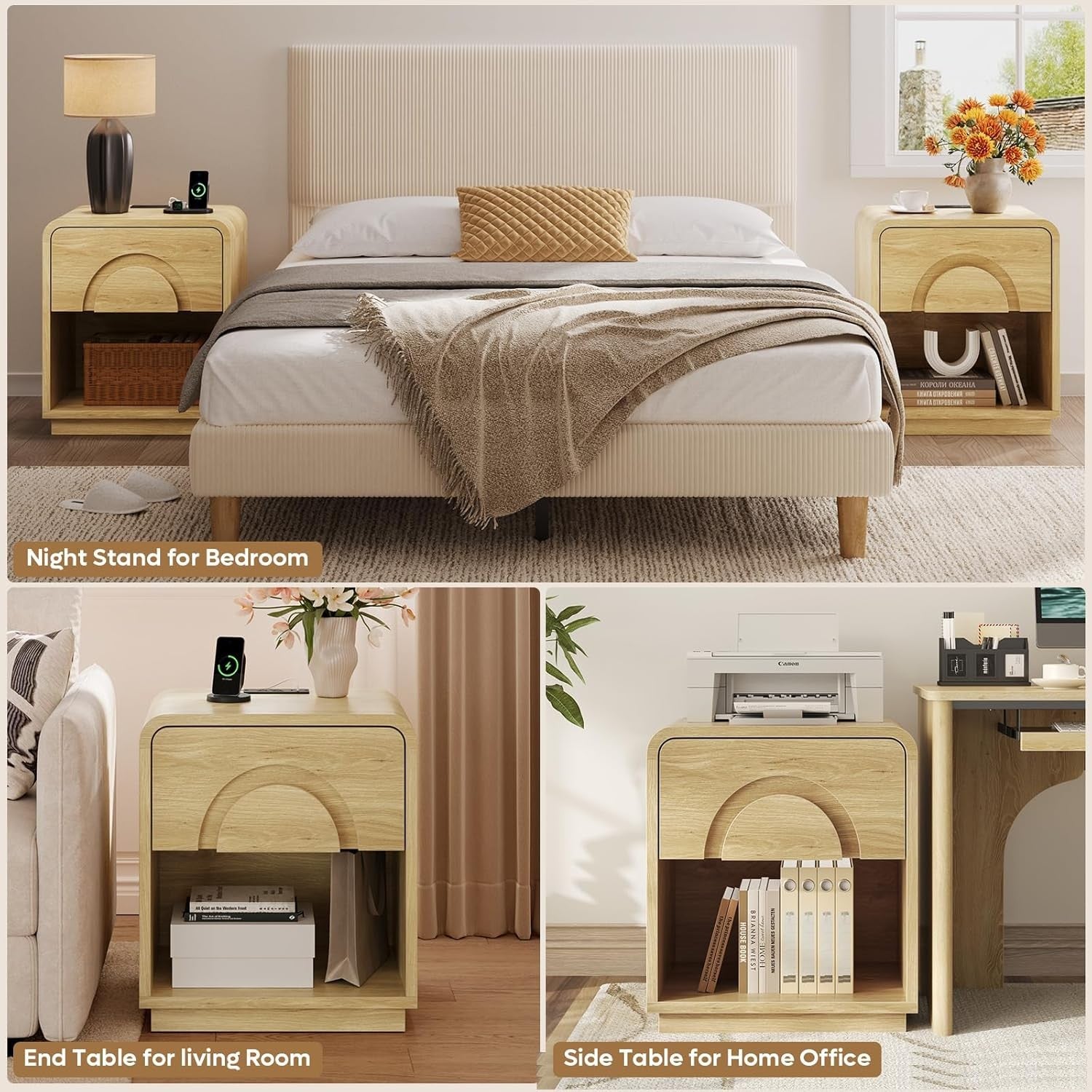 Modern Curved Bedside Table with Charging Station & Drawer Storage – Natural Woo