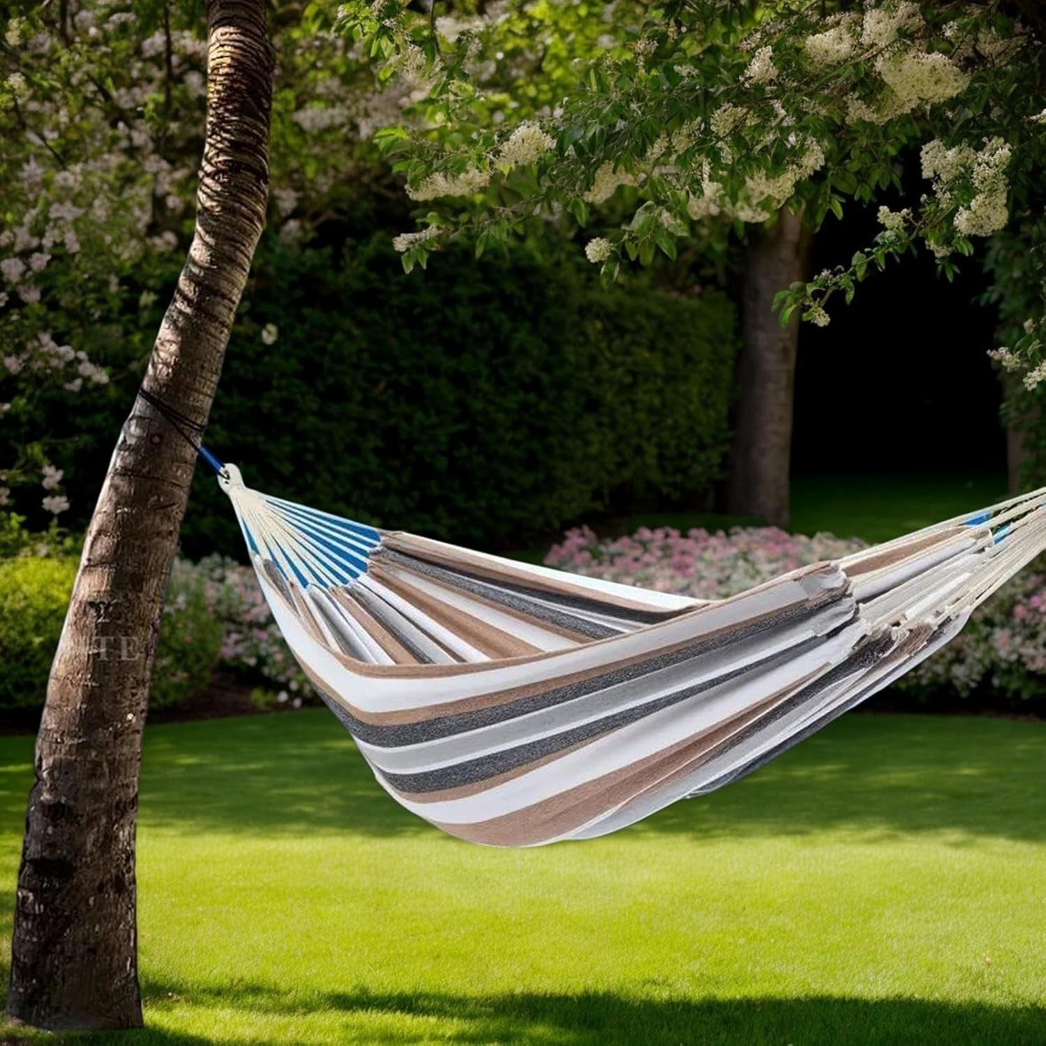 Spacious 2-Person Outdoor Hammock, Thick Striped Cotton-Poly, Garden & Beach