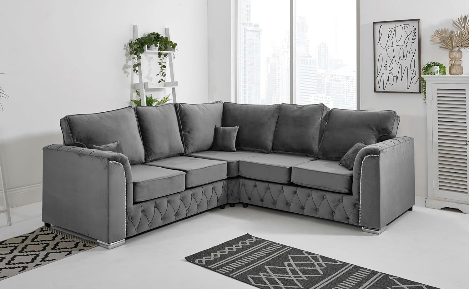 Steel Plush Velvet 5-Seater Corner Sofa – Fullback & Button Detail