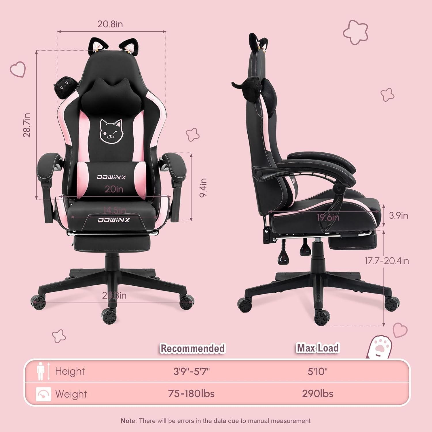 Cute Cat Ear Gaming Chair Massage Lumbar Footrest 290lbs Black