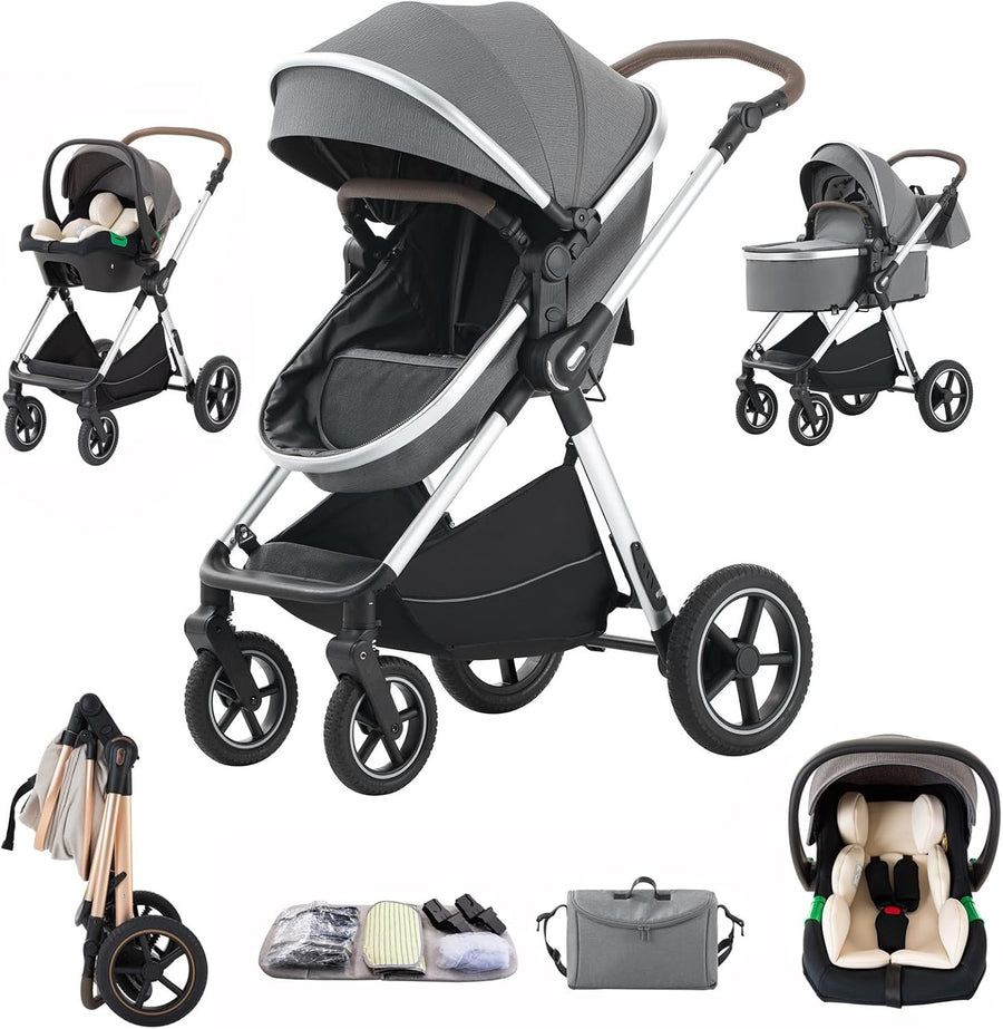 3-in-1 Baby Pram Pushchair Travel System Foldable Aluminium Stroller Grey