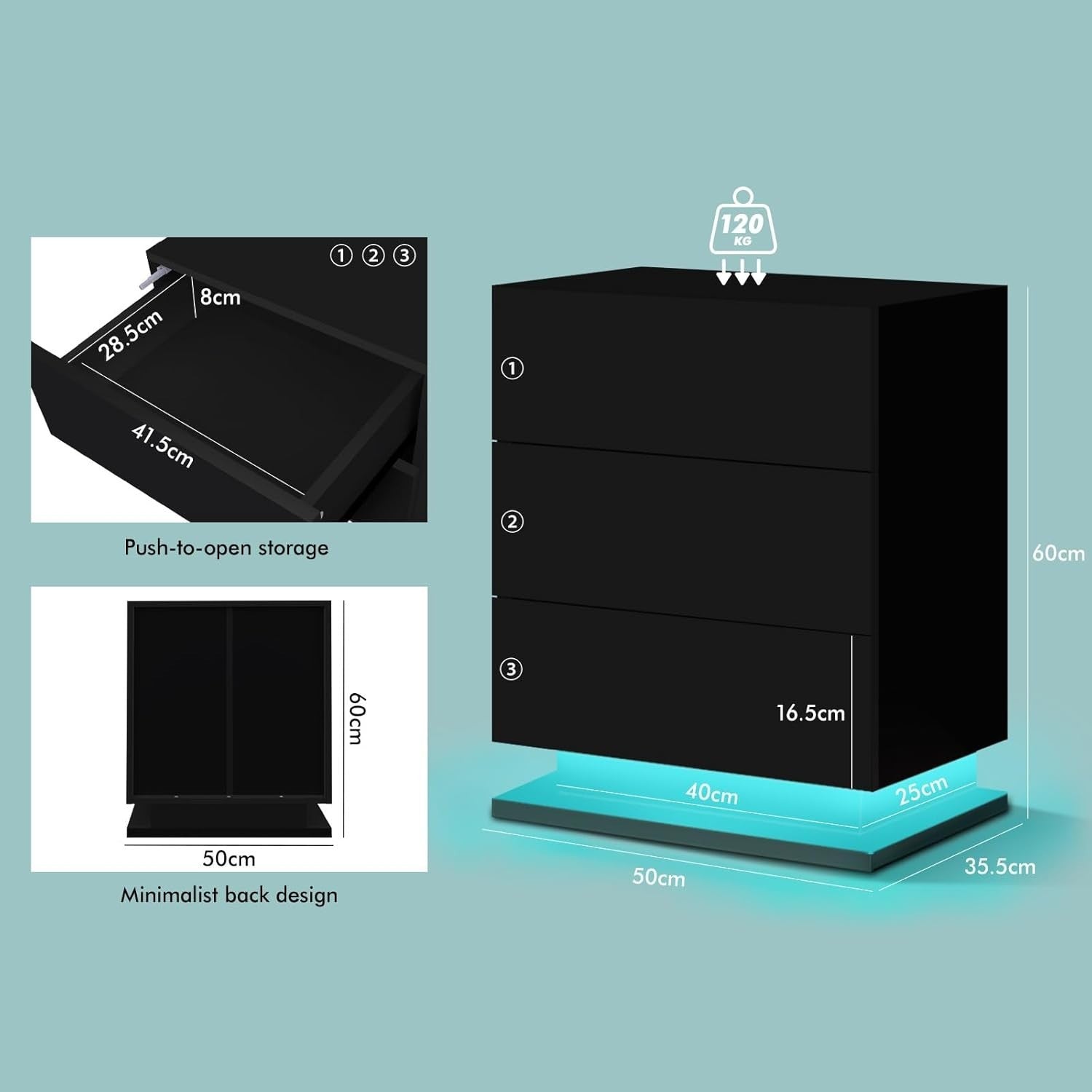 LED Bedside Table with 3 Drawers & RGB Lights | Black High Gloss Nightstand