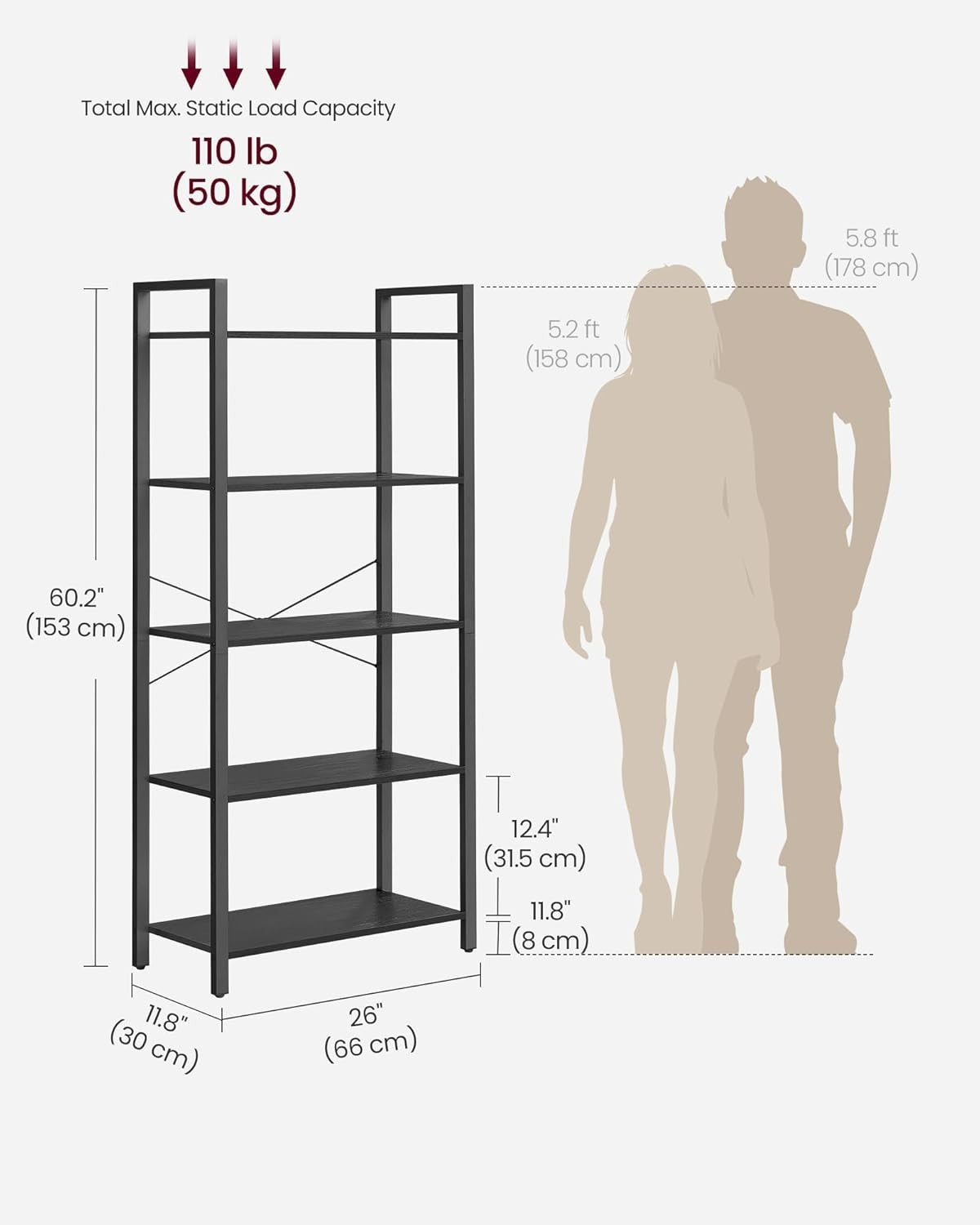 5-Tier Industrial Black Bookcase – Wide Storage Shelf for Home & Office