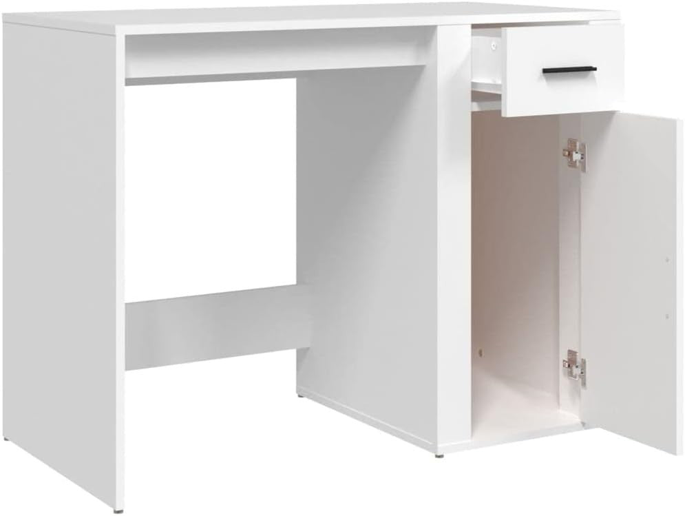 Modern White Office Desk with Drawer 100x49x75cm, Compact Reversible Workstation