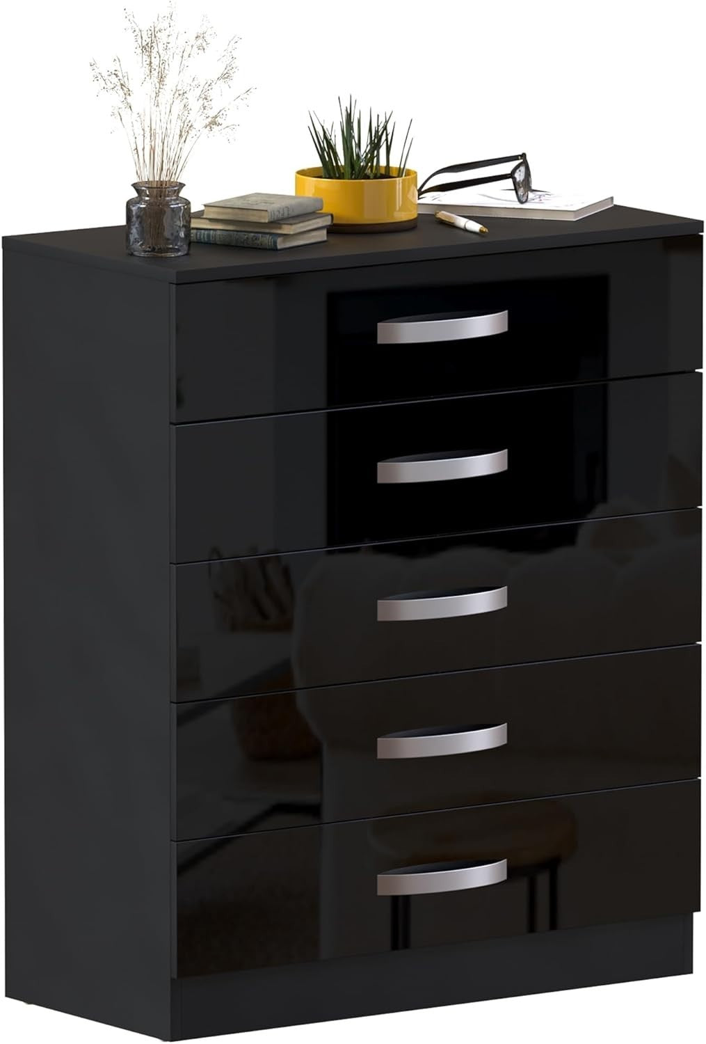 High Gloss 5 Drawer Chest Black Storage Cabinet with Smooth Glide Drawers