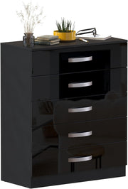 High Gloss 5 Drawer Chest Black Storage Cabinet with Smooth Glide Drawers