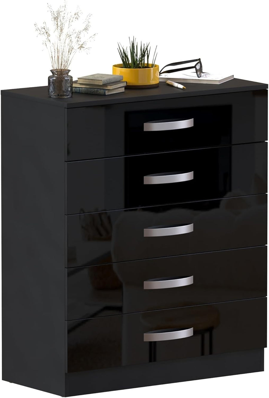 High Gloss 5 Drawer Chest Black Storage Cabinet with Smooth Glide Drawers