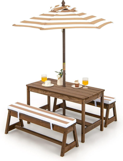 Kids Wooden Picnic Table Set with Cushions & Removable Umbrella, Indoor/Outdoor