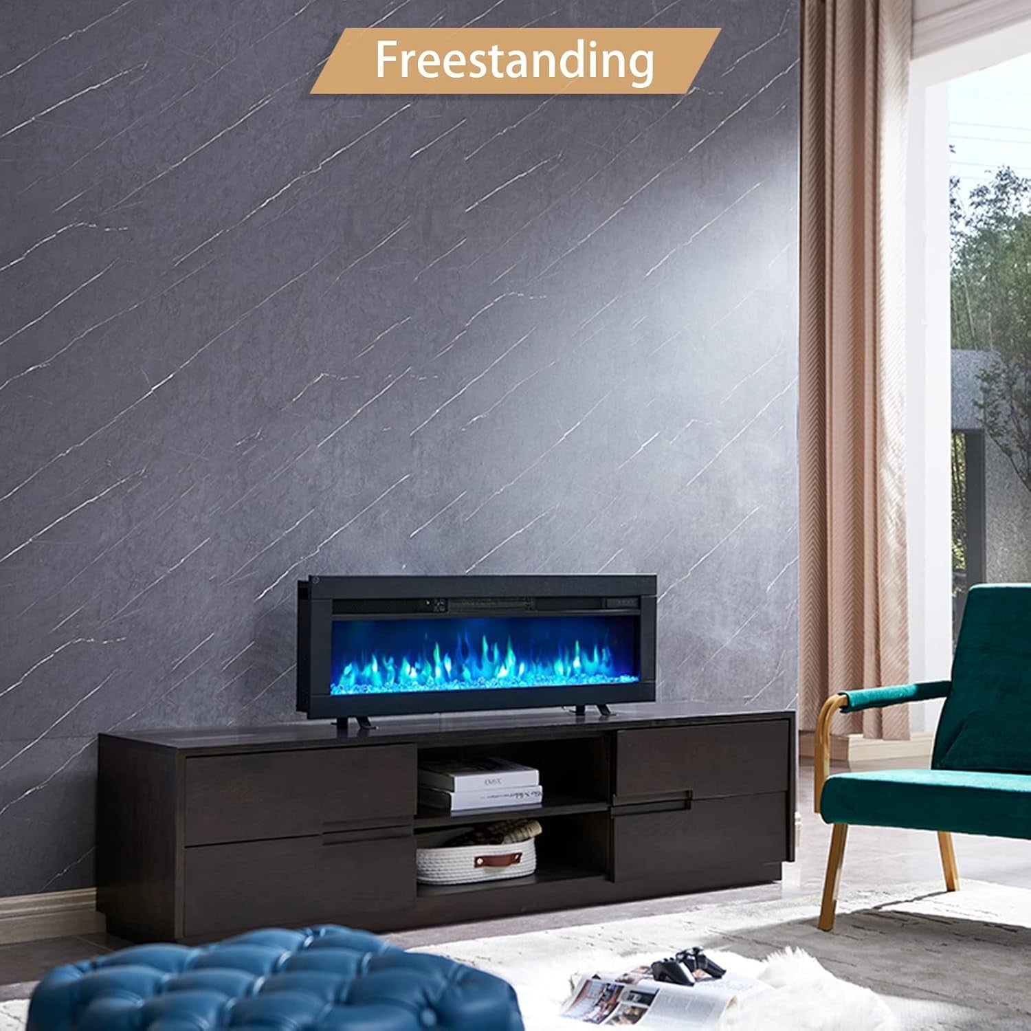 50" Wall Mounted Electric Fireplace 1800W Heater LED Flames Remote Control