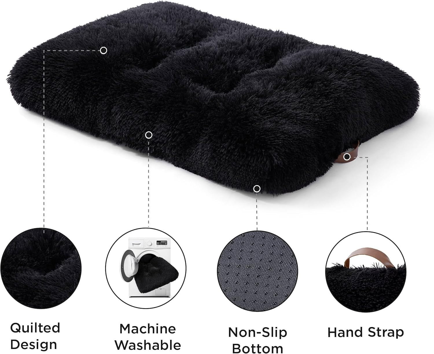 Large Fluffy Dog Crate Bed Washable Anti Slip Warm Cushion 89x58cm Black